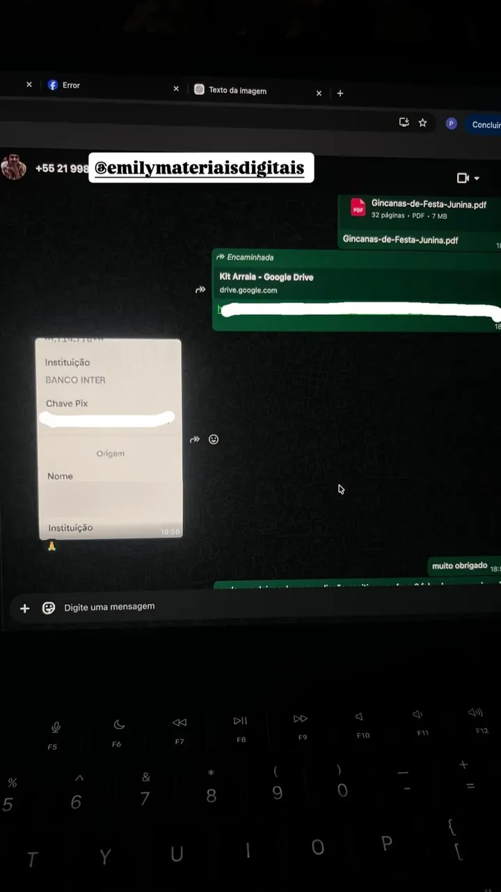Print de conversa no WhatsApp: cliente envia o comprovante de pagamento e agradece