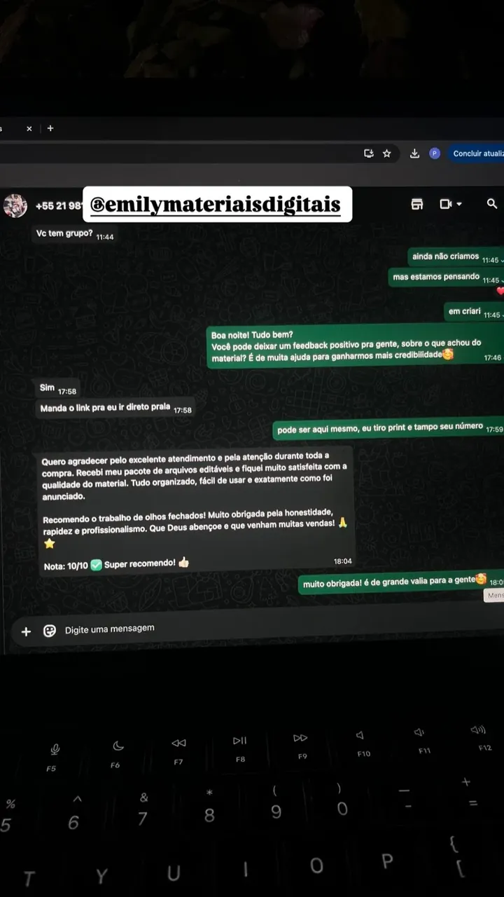 Print de conversa no WhatsApp: cliente elogia o atendimento e a qualidade do material e dá nota 10 de 10