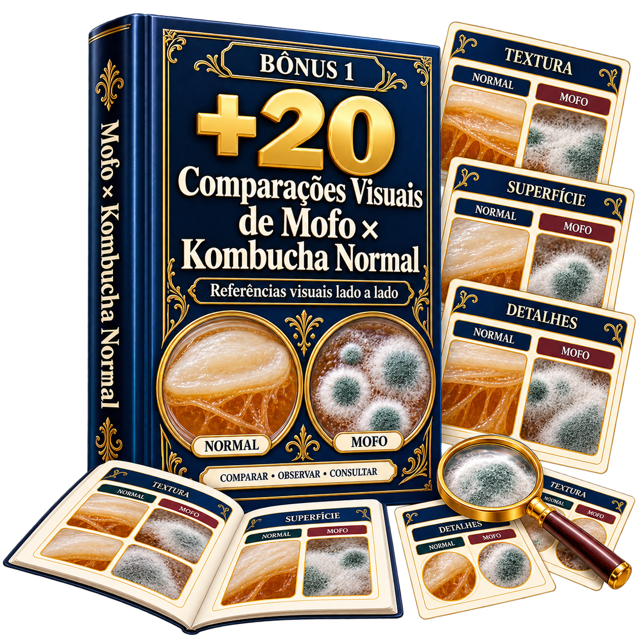Mockup do bônus 1 com comparações visuais de mofo e kombucha normal