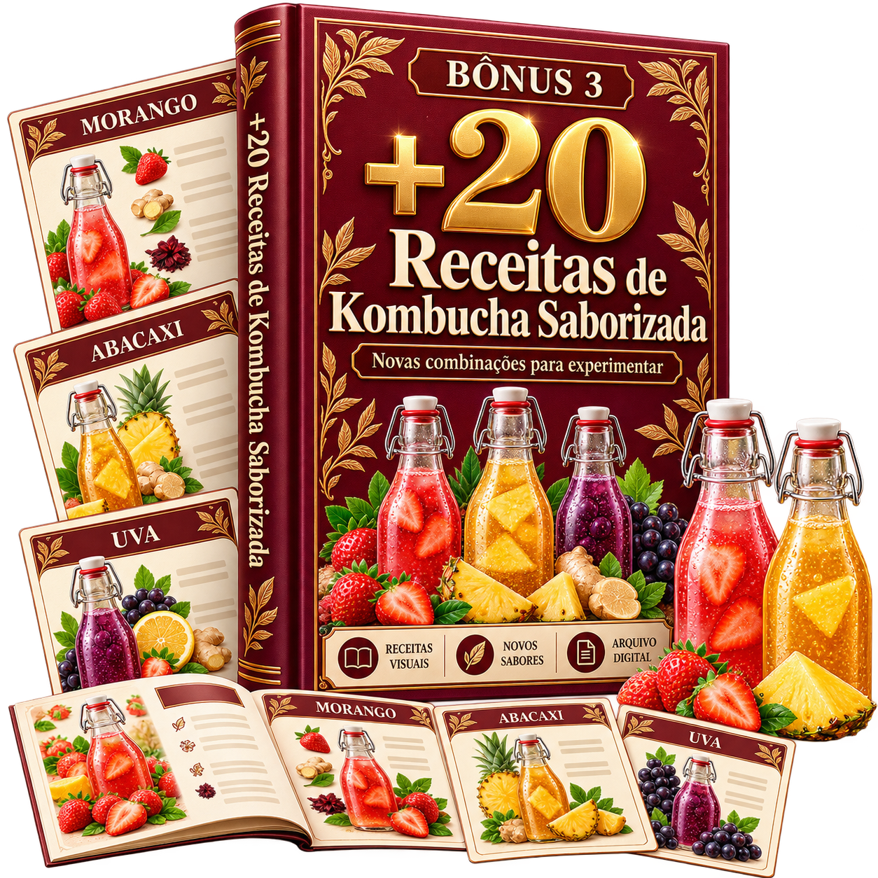 Mockup do bônus 3 com receitas de kombucha saborizada