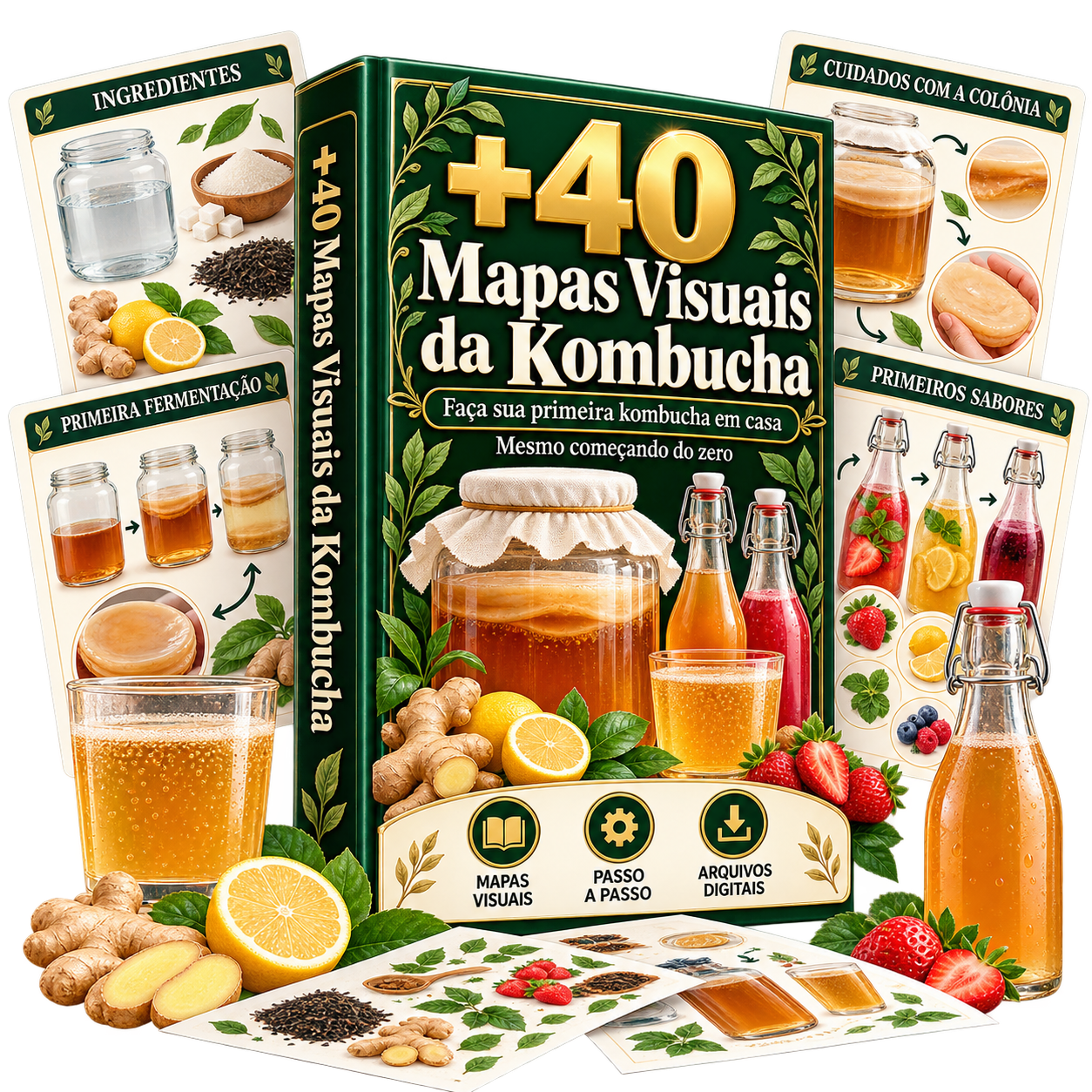 Mockup do kit com mais de 40 mapas visuais da kombucha
